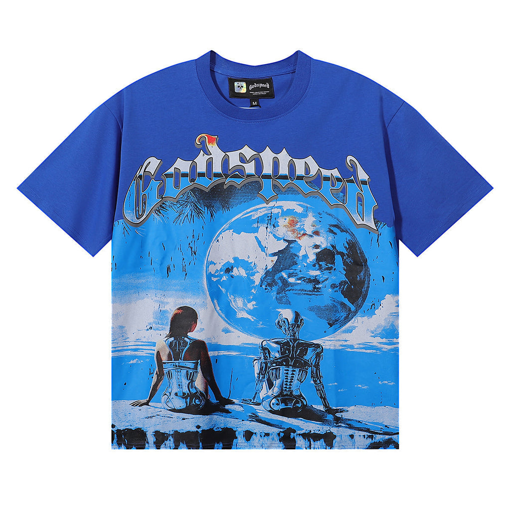 Godspeed T-shirts Tech Man Earth Printing Cotton Casual Short Sleeves Men and Women