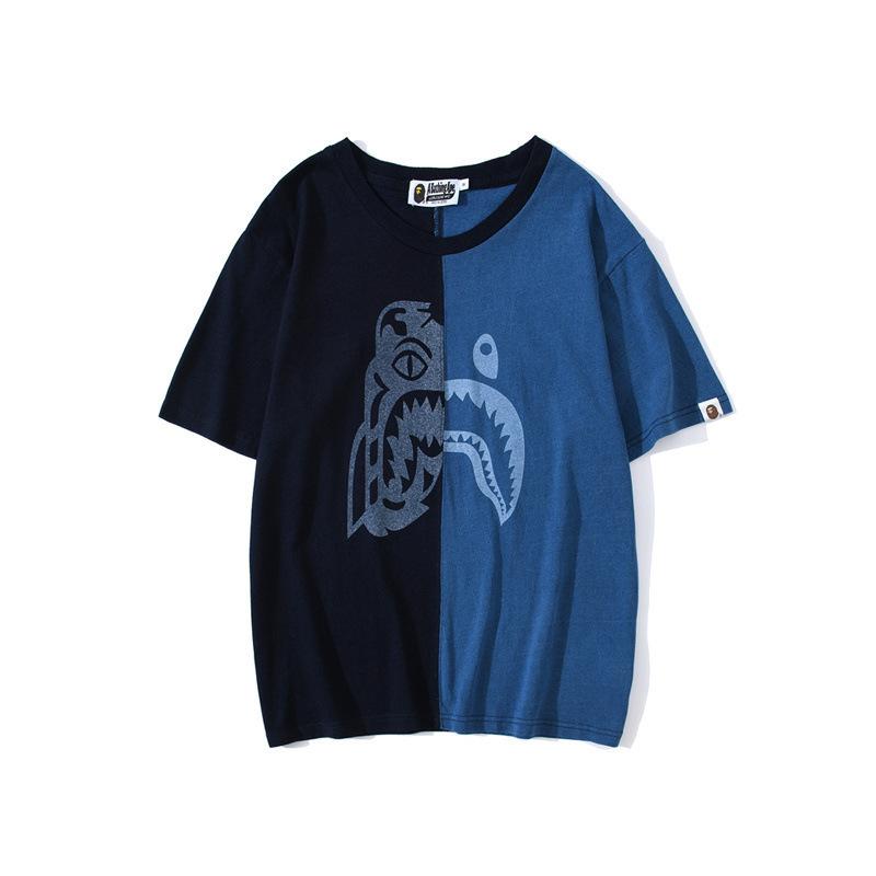 Bathing Ape T-Shirt Tiger Head Shark Head Stitching Denim Color Short Sleeve T-shirt