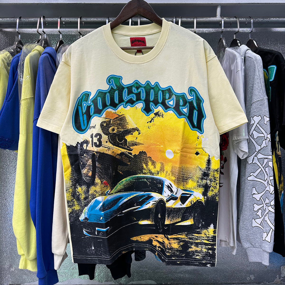 Godspeed T-shirts Racing Sunset Print Cotton Crew Neck Short Sleeve Men and Women