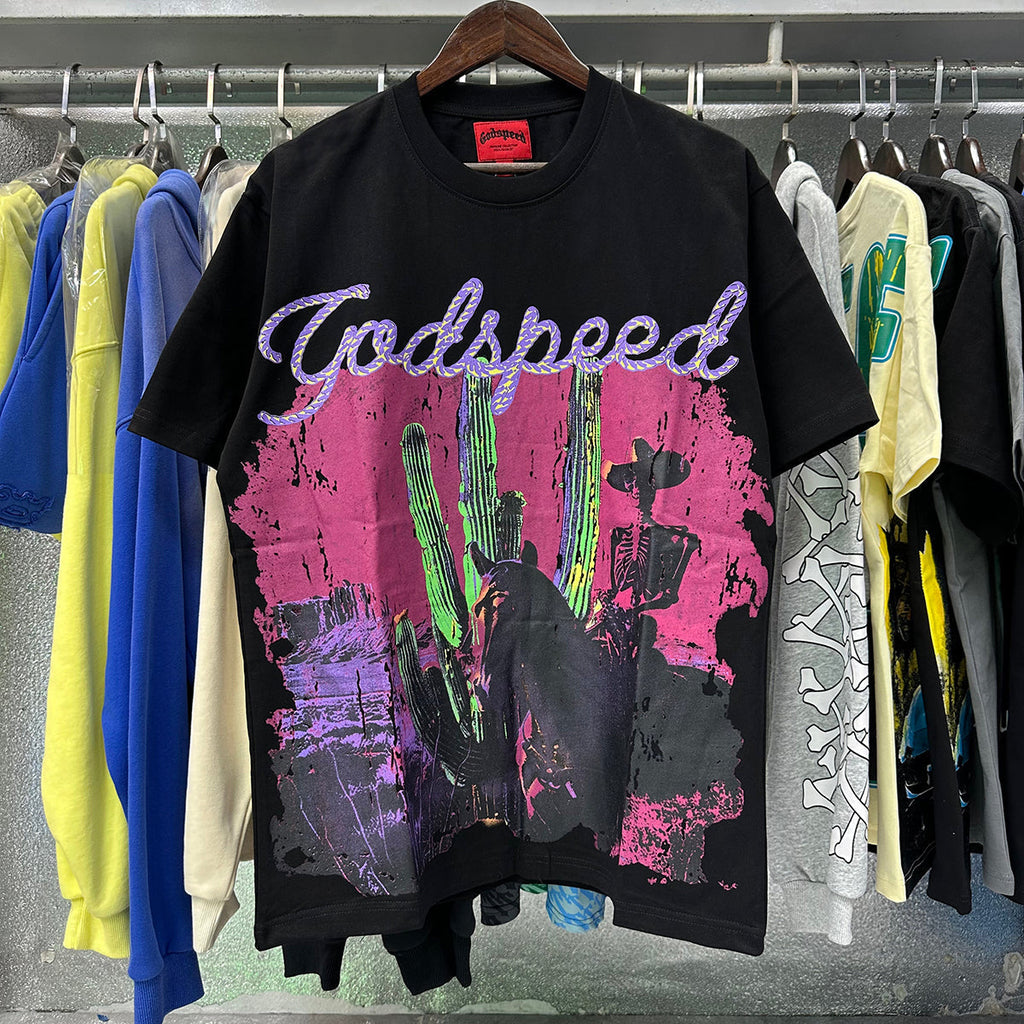 Godspeed T-shirts Western Skull Denim Cactus Print Cotton Casual Short Sleeve Men and Women