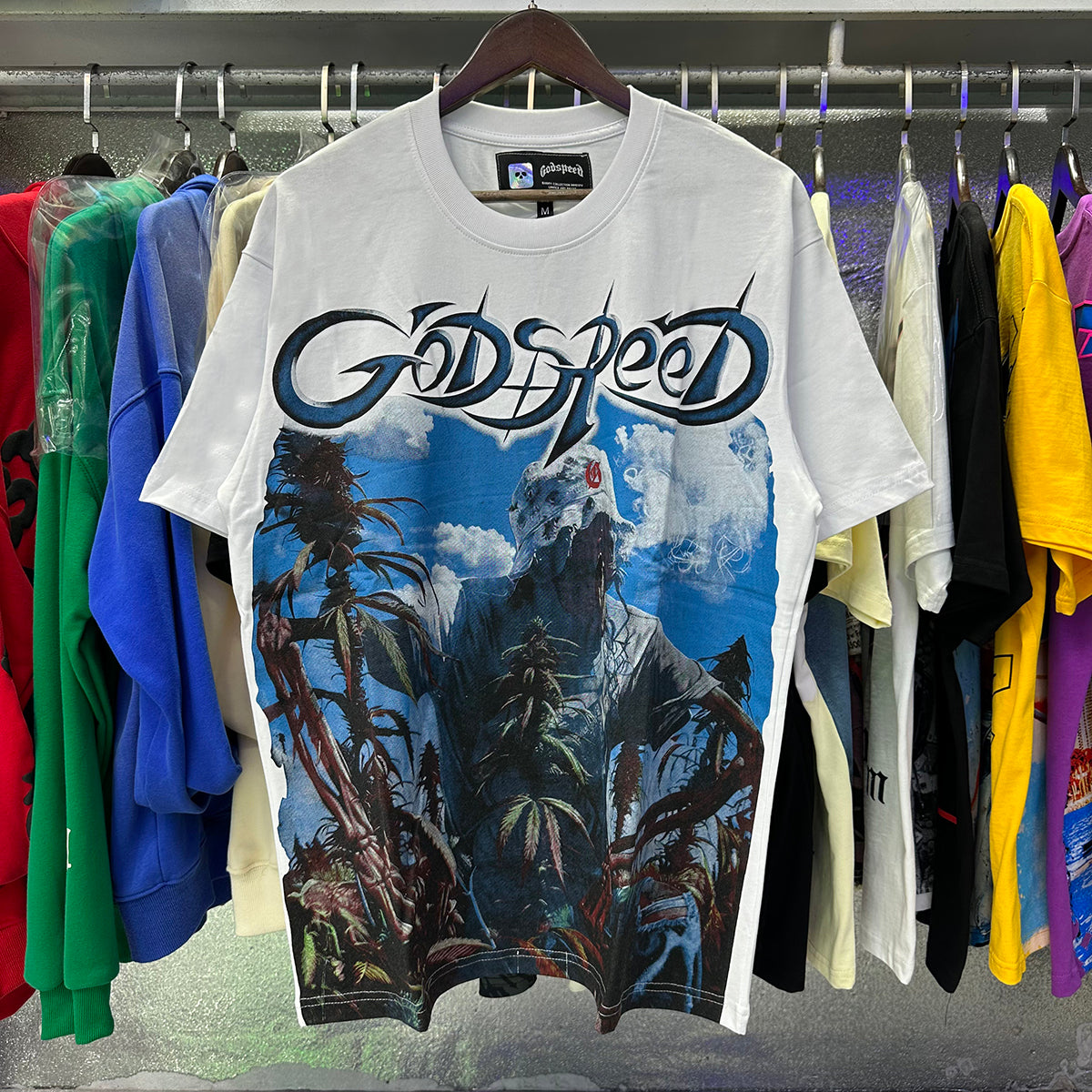 Godspeed T-shirts Blue Sky White Clouds Poppy Skull Planting Printing Cotton Casual Short Sleeves Men and Women