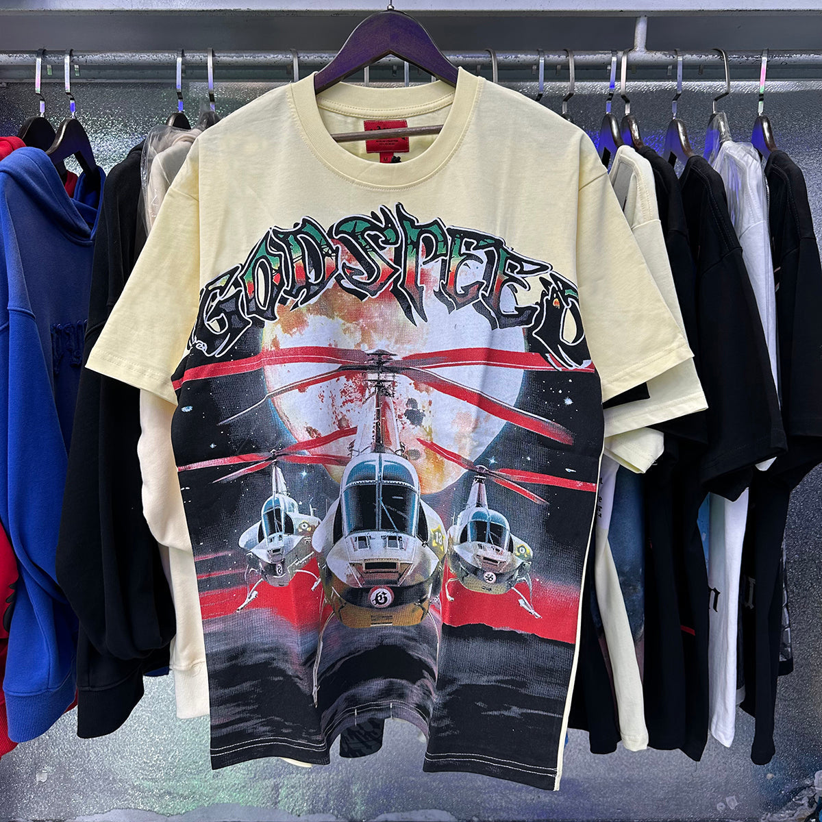 Godspeed T-shirts Helicopter Printing Cotton Casual Short Sleeves Men and Women