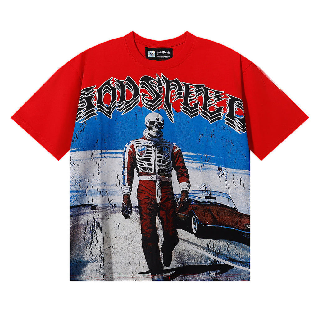 Godspeed T-shirts Sports Car Skull Racer Printed Cotton Casual Short Sleeve Men and Women
