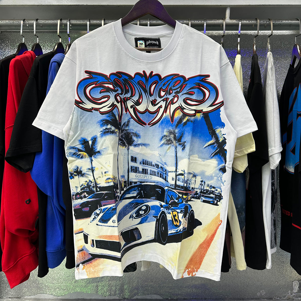Godspeed T-shirts Supercar Beach Road Print Cotton Casual Short Sleeves Men and Women