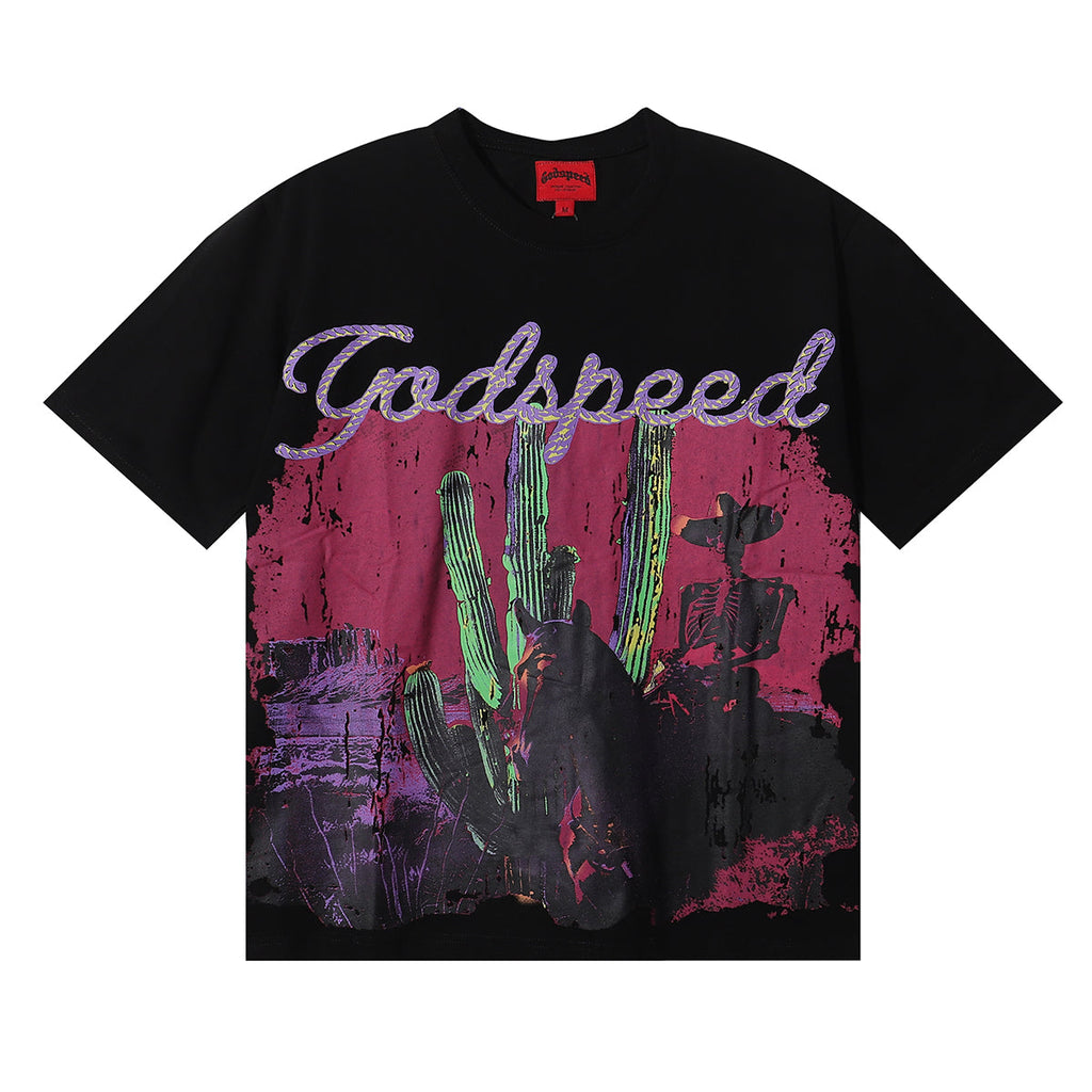 Godspeed T-shirts Western Skull Denim Cactus Print Cotton Casual Short Sleeve Men and Women