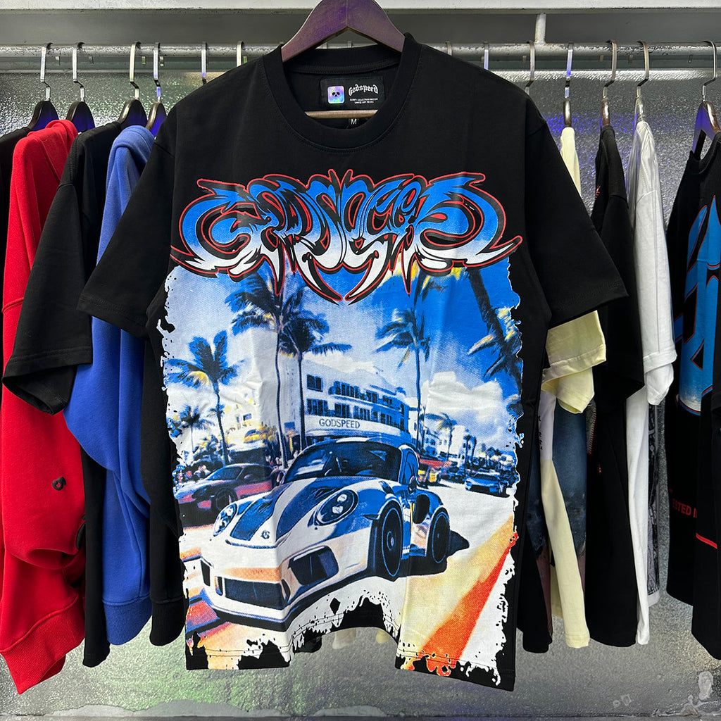 Godspeed T-shirts Supercar Beach Road Print Cotton Casual Short Sleeves Men and Women
