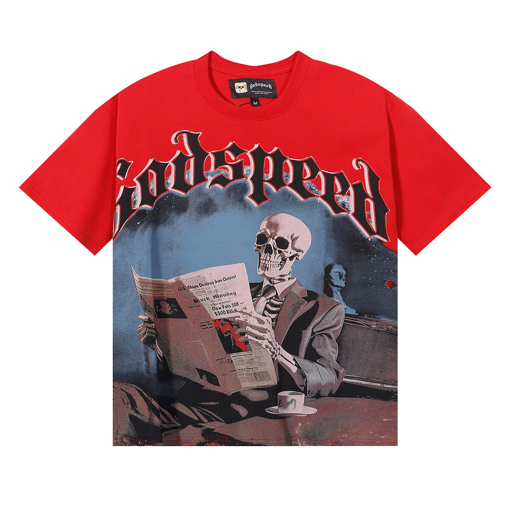 Godspeed T-shirts Newspaper Skull Printing Cotton Casual Short Sleeves Men and Women