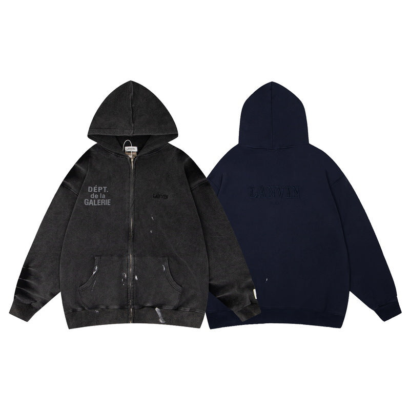 Gallery Dept Hoodie Embroidery Letter Splash Ink Wash Hooded Sweater Cardigan Jacket