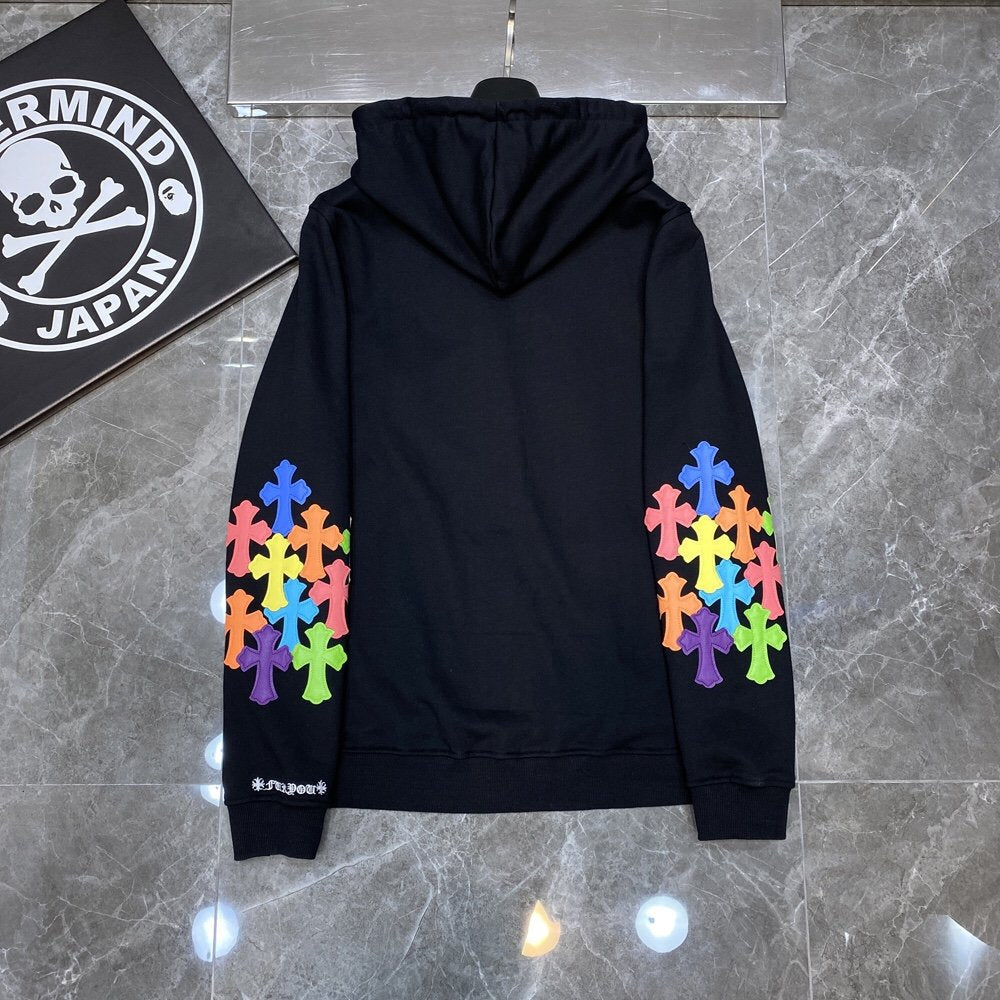 Chrome Heart Hoodie Crowe Double Arm Embroidered Colored Cross Group Leather Zip Sweater