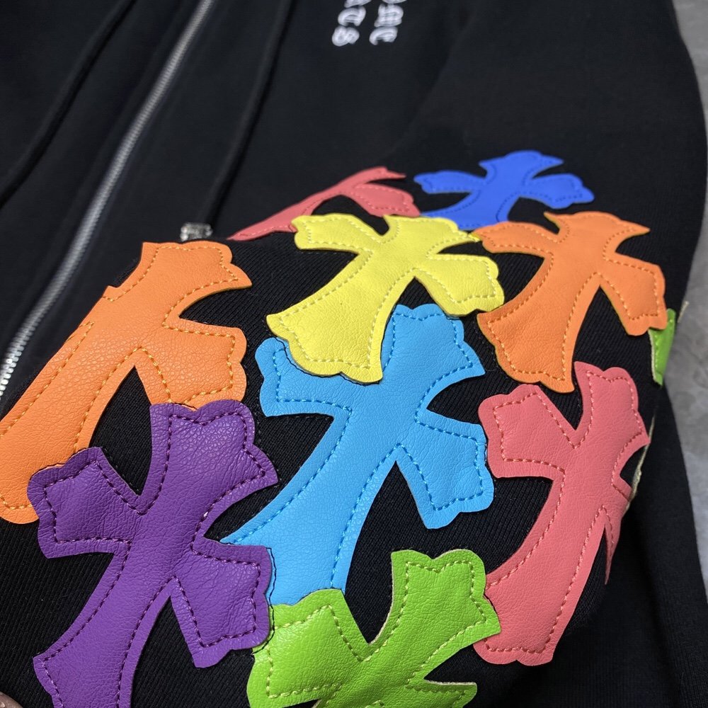 Chrome Heart Hoodie Crowe Double Arm Embroidered Colored Cross Group Leather Zip Sweater