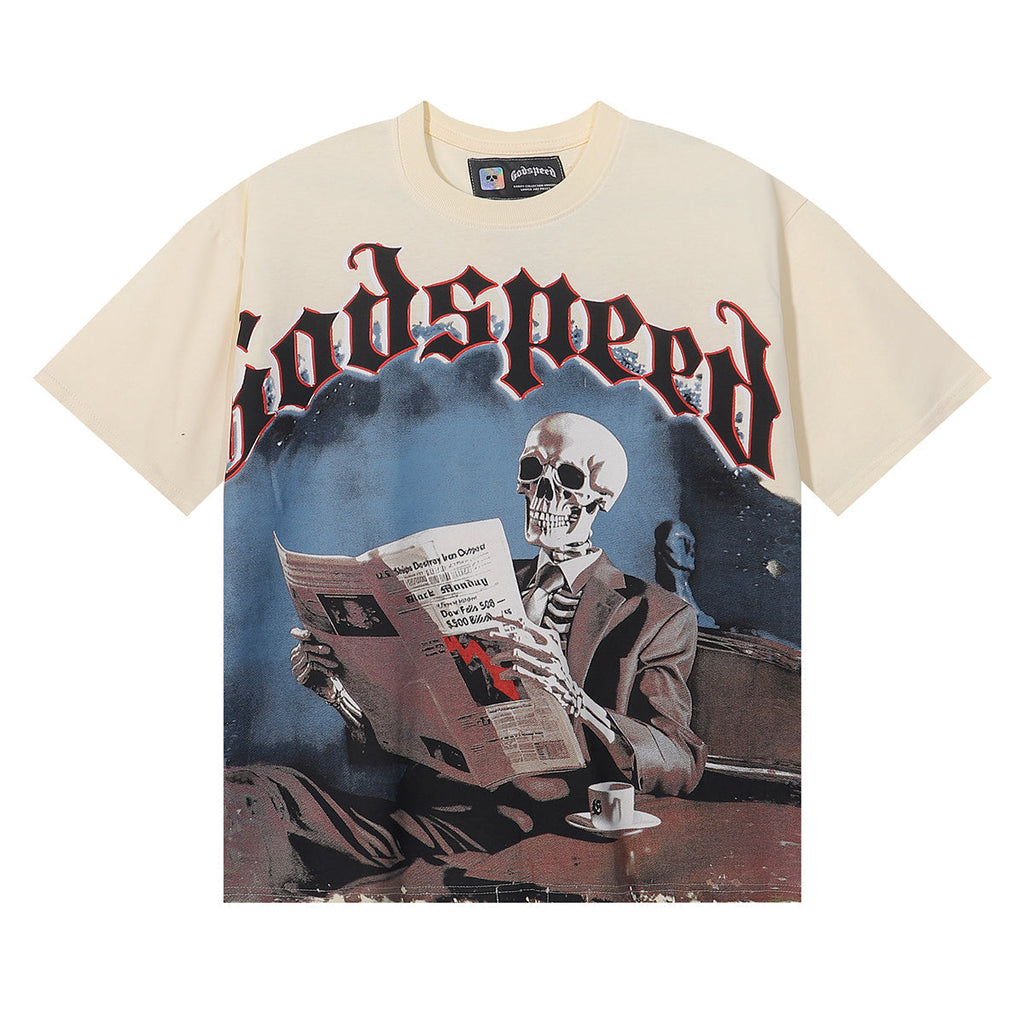 Godspeed T-shirts Newspaper Skull Printing Cotton Casual Short Sleeves Men and Women