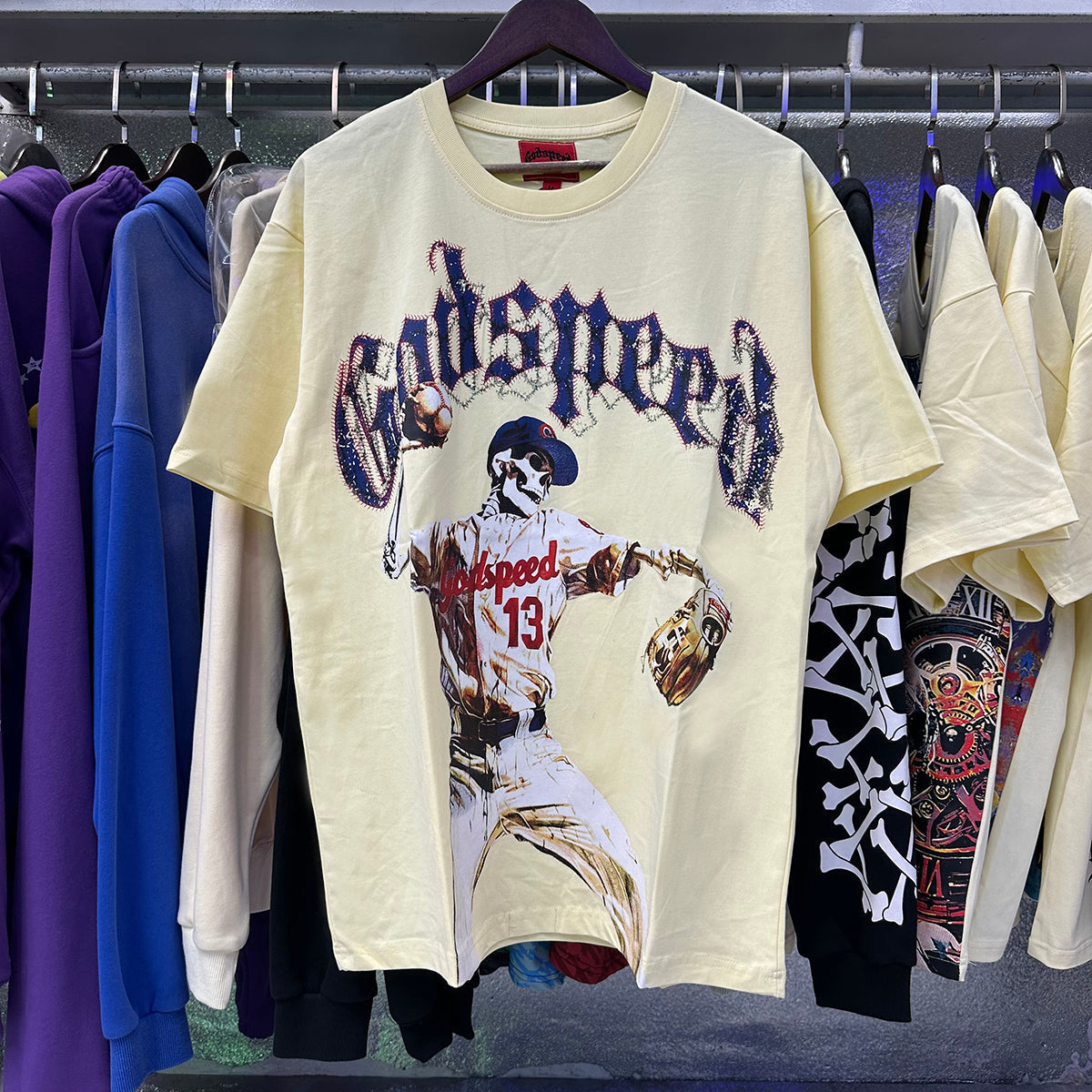 Godspeed T-shirts Skull Baseball Player No. 13 Cotton Crew Neck Short Sleeve Men and Women