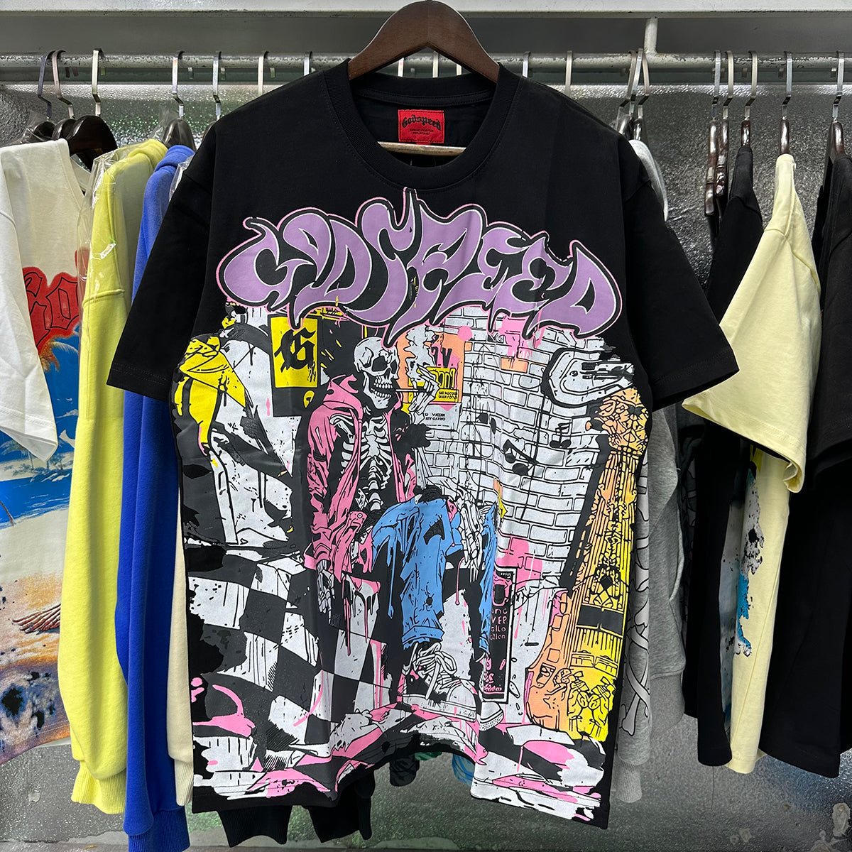 Godspeed T-shirts Graffiti Wall Skull Artist Printing Cotton Casual Short Sleeves Men and Women