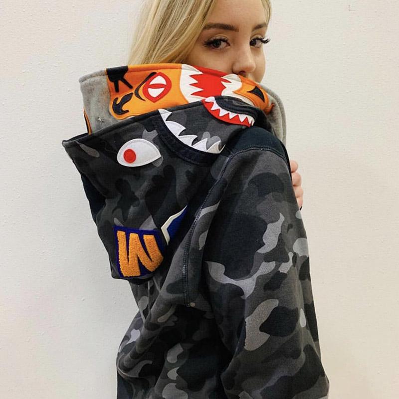 Bathing Ape Hoodie Tiger Head Shark Double Hood Sweater Camouflage Hoodie Youth Hooded Sweater Casual Coat