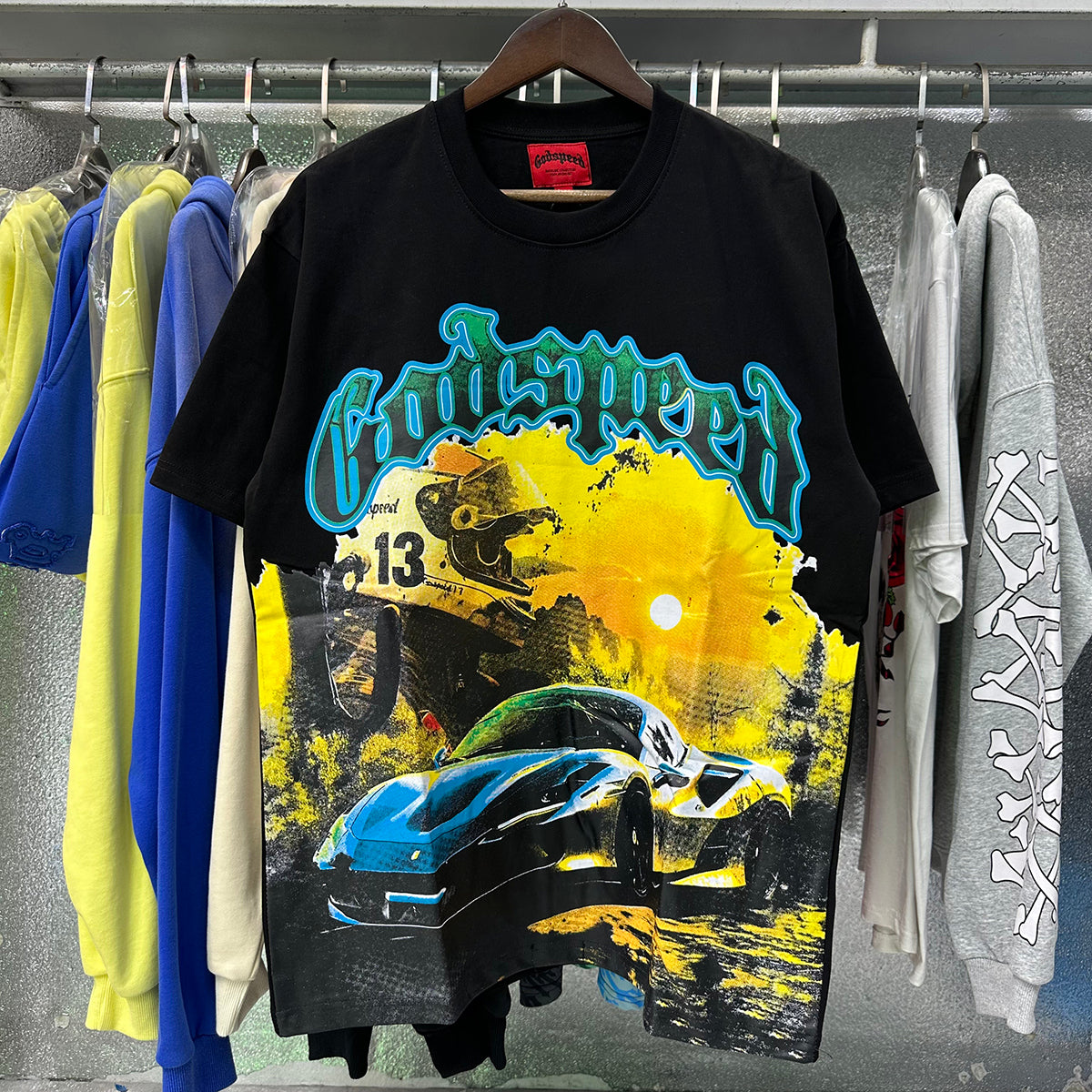Godspeed T-shirts Racing Sunset Print Cotton Crew Neck Short Sleeve Men and Women